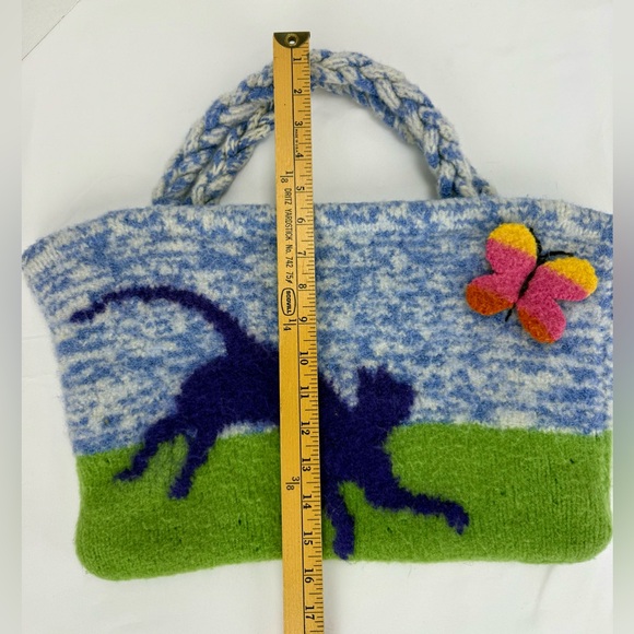 Rare Handmade Felted Wool Knitting Bag Cat & Butterfly Design, Craft Yarn Unique - Picture 5 of 8
